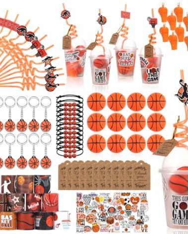 LiYiQ 158 Pcs Basketball Party Favors Basketball Party Supplies with Cup Straw Stress Ball Keychain Sticker Slaps Bracelets Whistle Thank You Tags for Basketball Birthday Decorations (Basketball)
