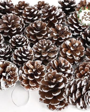 24 PCS Natural Pine Cones, 1.96 in Pinecone Ornaments, Pine Cones for Crafts with Sliver String, Decorative DIY Craft for Christmas Tree Christmas Table Decorations, Winter Decor Vase Filler