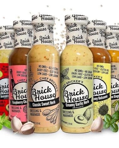 Brick House 6-Flavor Low Sodium Salad Dressing Bundle - Creamy Garlic, Classic Sweet Herb, Raspberry Champagne, Avocado Lime, Sesame Ginger & Sunny Honey Balsamic Vinaigrette Dressing, Gluten-Free