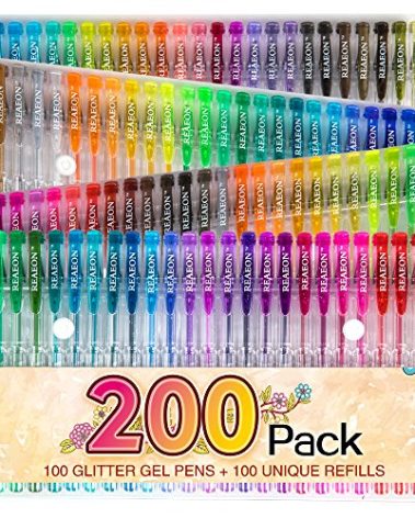 Reaeon 200 Glitter Gel Pen Set, 100 Gel Pens plus 100 Refills Glitter Neon Pen for Coloring Books, Craft Doodling Drawing Bullet Journal Highlighter