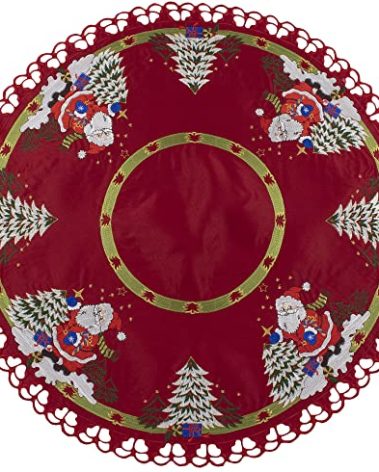 Embroidered Christmas Holiday Santa Claus and Christmas Trees Large Table Doily, Table Topper, Small Tablecloth (34 Inch Round)