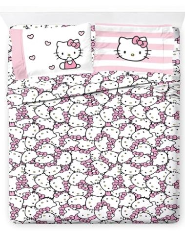 Jay Franco Sheet Set with Fitted, Flat Sheets & Pillow Cover - Ultra-Soft Bedding with Pillowcase for Room Decor, Multi - Hello Kitty, 4 Piece Queen