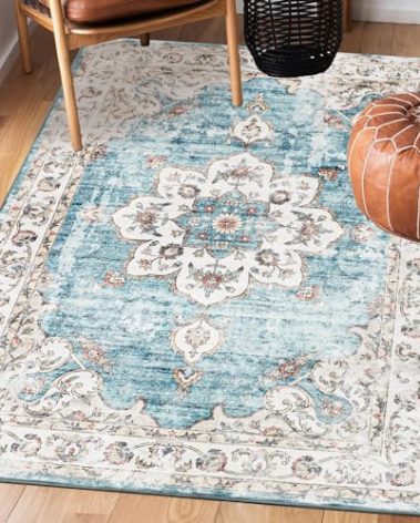 Mcadore Machine Washable Area Rug - 3x5 Size, Boho Vintage Design, Soft Non-Slip, Denim Blue/Taupe Print
