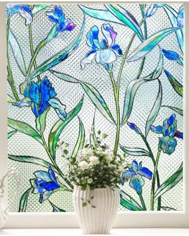 Stained Glass Window Privacy Film, 3D Decorative Window Cling, UV & Heat Blocking Floral Windows Cover, Static Cling No Adhesive Reusable Design for Home, Blue, 17.5" x 39.4"