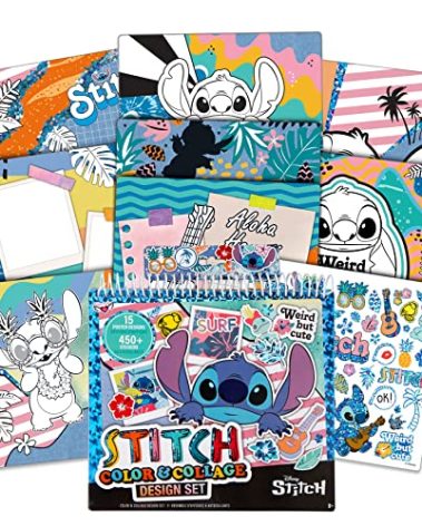 Fashion Angels Disney Stitch Color & Collage Design Set, Includes 15 Colorable Posters & 7 Sticker Sheets, Ideal Crafts Activity for Kids Ages 8 and Up