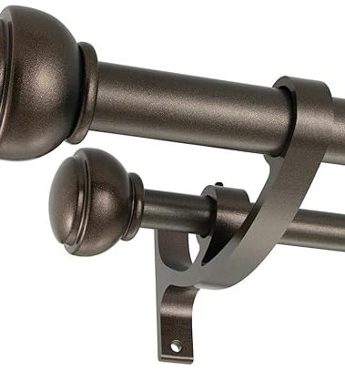 Double Curtain Rods Antique Brown, Adjustable Double Rod Curtain Rods 48 to 84 Inch, Double Window Decorative Rods with Cap Finials, 1-Inch Front and 5/8 Inch Back Double Window Drapery Rod