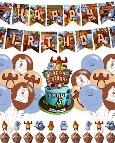 Grizzy and the Lemmings Birthday Party Decorations, Cartoon Grizzy Theme Party Supplies Set includes Happy Birthday Banner, Cupcake Cake Toppers, Balloons for Fans Adults Party Decorations