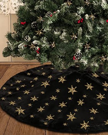 DegGod Plush Christmas Tree Skirts, 30 inches Luxury Black Faux Fur Xmas Tree Base Cover Mat with Gold Snowflakes for Xmas New Year Home Party Decorations (30 inches, Black Gold)