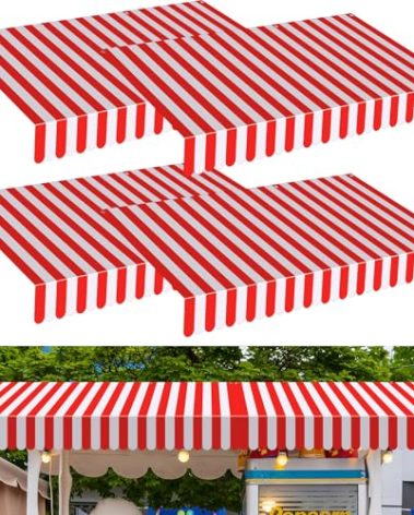 Preboun 2 Pcs 27.6''x 59'' Circus Awning Decor Decorations Striped Carnival Tent Awning Decorations Red and White Wall Decor Halloween Carnival Stand Mardigras Theme Party Photo Accessory