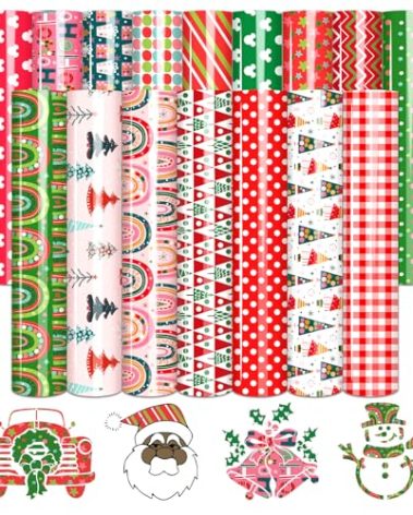 Tintnut Christmas HTV Heat Transfer Vinyl - 16 Sheets 12 x 10 inches Rainbow Iron on Vinyl Gift Box Patterned HTV Bundle Red and Green HTV for Shirts DIY Compatible with Cricut or Silhoutte Cameo