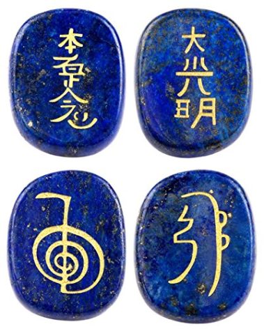 mookaitedecor 4 Piece Lapis Lazuli Stones Engraved Chakra Symbols Polished Palm Stones for Reiki Crystal Healing