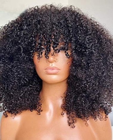 Afro Kinky Curly Wig With Bangs Full Machine Made Scalp Top Wig 200 Density Virgin Brazilian Short Curly Human Hair Wigs Natural Color 20 inch