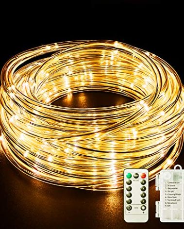 Fitybow LED Rope Lights Battery Operated String Lights 40Ft 120 LEDs 8 Modes Hanging Fairy Lights Dimmable/Timer with Remote for Camping Party Halloween Christmas Decoration (Warm White)