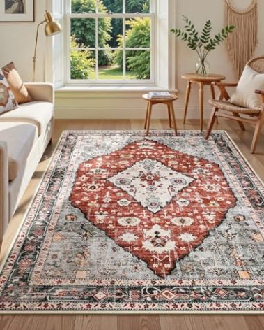 Lahome Boho Tribal Area Rug - 5x7 Red Red Large Bedroom Rug Soft Dining Room Mat, Turkish Non Slip Machine Washable Living Room Carpet for Entry Way Sunroom Dorm Kitchen Camper