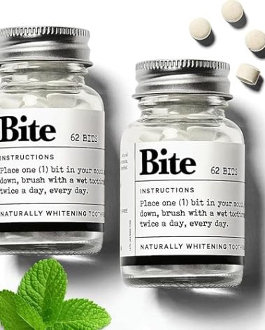 Bite Whitening Toothpaste Tablets – 2 Months – Fluoride Free, Nano Hydroxyapatite + Xylitol, Mint – Vegan, Cruelty-Free, Made in USA, Sensitive Teeth, Travel Size, Adults, Kids, (2 Bottles, 124 Tabs)