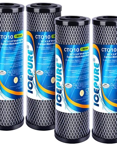 ICEPURE 1 Micron 2.5" x 10" Whole House CTO Carbon Sediment Water Filter Cartridge Compatible with DuPont WFPFC8002, WFPFC9001, SCWH-5, WHCF-WHWC, WHCF-WHWC, FXWTC, CBC-10, RO Unit, Pack of 4