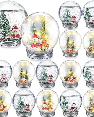 Liliful 16 Pack Christmas DIY Snow Globe Kit Including 3.58 Inch LED Plastic Snow Globe with Screw Off Cap Artificial Mini Christmas Tree Snowman Santa Deer Pine Cones and Lights