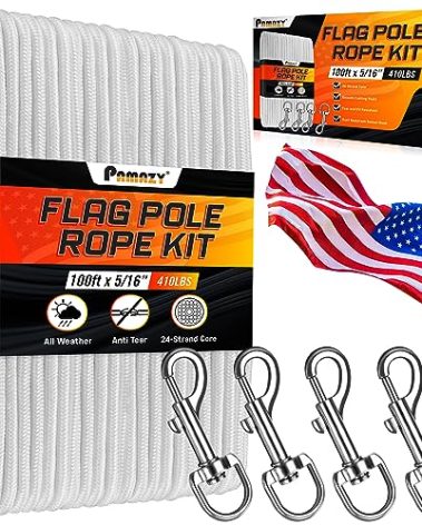 [Upgraded] 5/16” 100Ft Flagpole Rope Kit with 4 Pcs 3.3” Swivel Snap Hook - High Weight Bearing Anti-Tearing Utility Rope with Durable ZinC Alloy Swivel Hooks - Flag Pole Accessories Replacement Kit