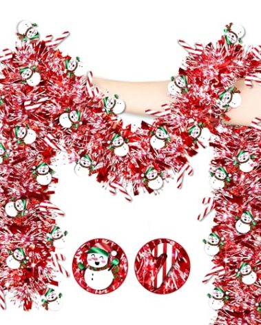 50 Ft Christmas Tinsel Garland Christmas Decorations with Snowman Candy Cane Red Metallic Christmas Garlands for Tree Decor Indoor Outdoor Christmas Party Decorations Home Mantle Fireplace