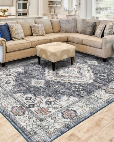 Mcadore Vintage Washable Rug，8x10 Boho Area Rugs for Living Room, Bedroom, Kitchen, Soft Non-Slip Foldable Indoor Carpet, Navy/Beige
