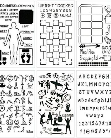 Health and Fitness Journal Stencil Set - Custom-Designed Supplies for Bullet Dot Journal Workout Planners with DIY Templates to Track Habits, Exercise, Weight and Meal Planning by Sunny Streak