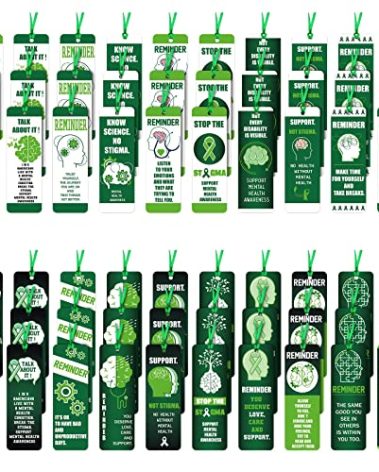 60 Pieces Mental Health Awareness Bookmarks Bulk Green Ribbon Inspirational Quotes Bookmarks for Students Teachers School Mental Health Awareness Theme Favor