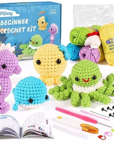 Pllieay Crochet Kit for Beginners, Beginner Crochet Kit for Adults & Kids with Step-by-Step Video Tutorials, Knitting Kit, 4 Pattern Crochet Animal Kit - Whale, Jellyfish, Sea Horse and Octopus