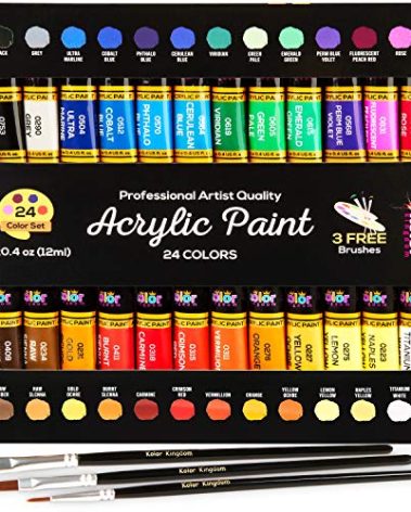 Acrylic Paint Set Canvas Art Paints 24 Colors Perfect Paint Finish (0.41oz,12 ml) With 3 Brushes - Painting Canvas, Paper, Wood, Rock, MDF, Ceramic & Fabric