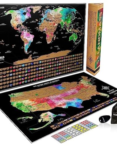 Landmass Scratch Off World Map Poster, Bonus USA Map Included, Track Your Travels with Flags, Detailed World and USA Map, Wall Art for Home or Office, Gift for Travelers and Adventurers, 24x17 Inches