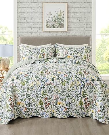 Travan 3-Piece Quilt Set Quilted Bedspread Lightweight Coverlet Set Garden Style Floral Printed Oversized Quilted Bedding Set with Shams for All Season, Exquisite, Queen Size
