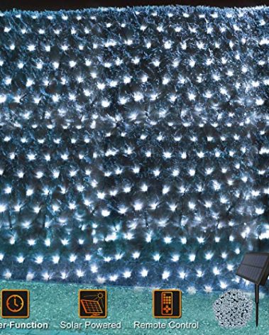 Solar Powered Net String Lights Outdoor Christmas Net Light 15 x 5ft Mesh Tree Fairy Light Garden Twinkle Lights with Remote for Lawn Fence Indoor Decor(White)