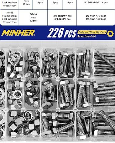 MINHER 226PCS Heavy Duty Bolts and Nuts Kit 304 Stainless Steel(18-8) 1/4-20 5/16-18 3/8-16 Hex Screws Nuts & Washers kit,Includes 14 Regular Sizes