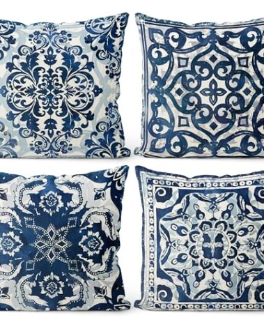 M-Qizi Vintage Blue and White Throw Pillow Covers 18x18 Set of 4, Retro Boho Ethnic Navy Blue Moroccan Tile Mediterranean Decorative Pillow Covers for Home Room, Chinoiserie Decor Pillowcases