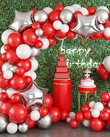 Balloons Garland Kit Red White Silver, 99pcs Red White Balloon Arch Kit with Metallic Silver Stars Foil Balloon, Red Birthday Decorations for Valentine's Day, Baby Shower, Wedding, Christmas Party