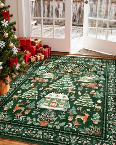 Dadasgk Christmas Rugs for Living Room 5x7, Washable Vintage Red Christmas Tree Rug, Non-Slip Soft Holiday Green Indoor Carpet for Bedroom Dining Room Entryway Office Holiday Decor