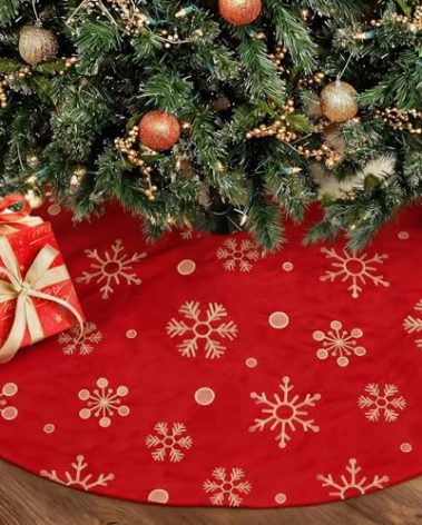 Nuanchu 48 Inch Christmas Tree Skirt, Large Red Velvet Fur Tree Skirt, Luxury Gold Embroidered Snowflake Trees Cover for Merry Christmas Party Vintage Holiday Decorations