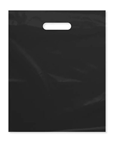 Purple Q Crafts Plastic Bag with Die Cut Handle Bag 12" x 15" Black Plastic Merchandise Bags Bulk Pack for Retail, Gifts, Trade Show and More (100)