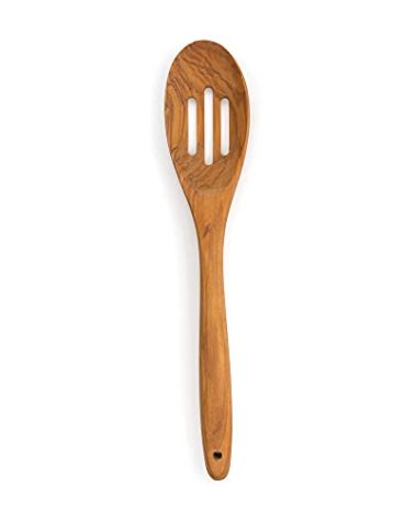 RSVP International Olive Wood Slotted Spoon, 12" | Rustic, Natural Authentic Italian Olive Wood | Classic Style for Kitchens, Tables, & More | Functional for Stirring Sauces, Pasta, & More