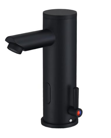 Automatic Touchless Bathroom Sink Faucet - Sensor Motion Activated No-Touch Brass Faucet with Adjustable Temperature Control Handle for Home Vanity, Commercial, and Office Use (Short, Black)