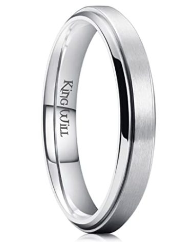 King Will Sliver Titanium Wedding Ring for Men Women-4mm Width Wedding Band Brushed Finished Engagement Ring Stepped Edge Design Comfort Fit Size 8