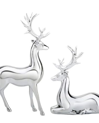 Mokoggiri 2Pcs Christmas Reindeer Figurines Decorations Resin Sitting & Standing Deer Statues Elk Figurine for Home Table Decor Wine Cabinet (Glossy Silver)