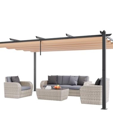 VEVOR 12'x16' Outdoor Retractable Pergola with Canopy, Aluminum Pergola with Retractable Canopy, Modern Style, Sun Shade for Patios, Gardens, Decks, Backyards (Beige)
