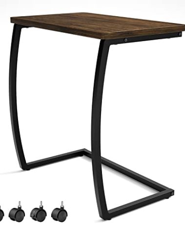 SRIWATANA Side Table, C-Shaped End Table with Rolling Wheels,Rustic Sofa Couch Table for Laptop Coffee Snack, Dark Walnut