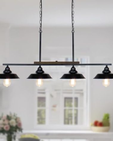 PUZHI HOME Kitchen Island Light, 4 Lights Black Pendant Dining Room Light Fixture Farmhouse Chandeliers for Dining Room Over Table Metal Hanging Lamp for Kitchen Island Hallway Pool Table