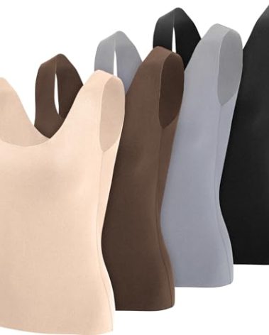 Toulite 4 Pcs Thermal Tank Tops Women Underwear Tops Sleeveless Undershirt for Women Cotton Camisole Warm Base Layer(Black, Nude Color, Light Gray, Dark Brown,X-Large)