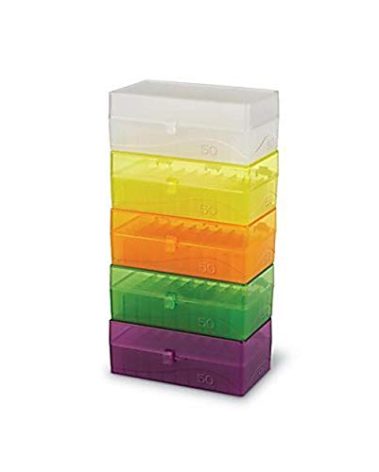 Heathrow Scientific 50 Well Microtube Storage Box with Snap Clasp, Fits 1.5/2.0mL Tubes and Vials, Polypropylene, Assorted Colors (Blue, Green, Purple, Yellow, Orange), Pack of 5