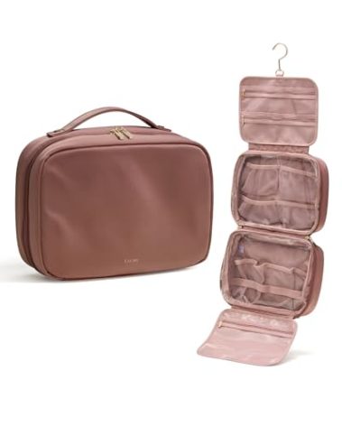 EACHY Travel Toiletry Bag with Hanging Hook, Portable Makeup Cosmetic Bags for Women, Water-Resistant Full-Size Travel Accessories (Pink)