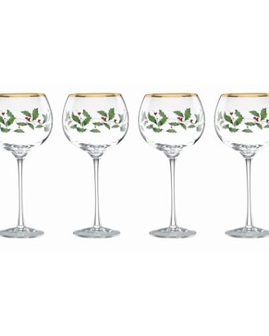 Lenox Drinkware, Holiday 4-Piece Wine Balloon Glass Set, Set Of 4, 14 Fl Oz Capacity, Made From Glass, Festive Red Christmas Design, Hand Wash Only, Christmas Decorations, Winter Decor (4 Piece)