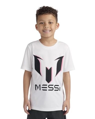 Messi Boys' Lifestyle Short Sleeve Top, Slim-Fit Shirt with Logo, Comfortable, CORE Logo Drop SS - Bright White, 10-12
