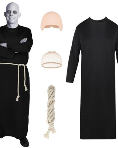 NTYNTY Men's Uncle Fester Costume Cosplay Set with Long Black Robe Cord Belt Bald Cap Wig Cap for Halloween Costume Party